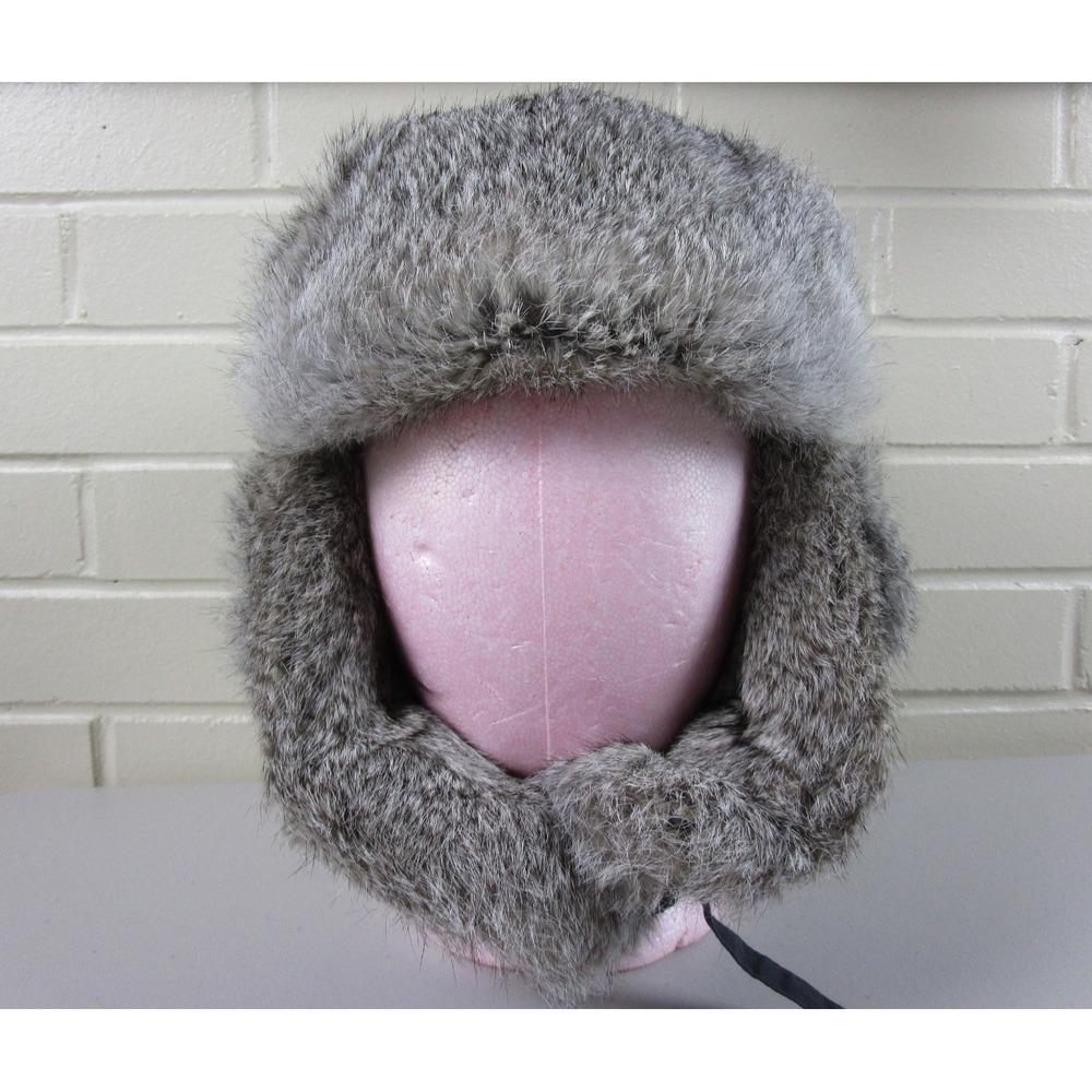 Vintage Y2K Mad Bomber Aviator Rabbit Fur Trapper Hat Unisex Large Gray